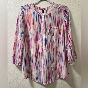 NYDJ Abstract Watercolor Tunic Blouse Top 3/4 Sleeve Pleated Women’s Medium